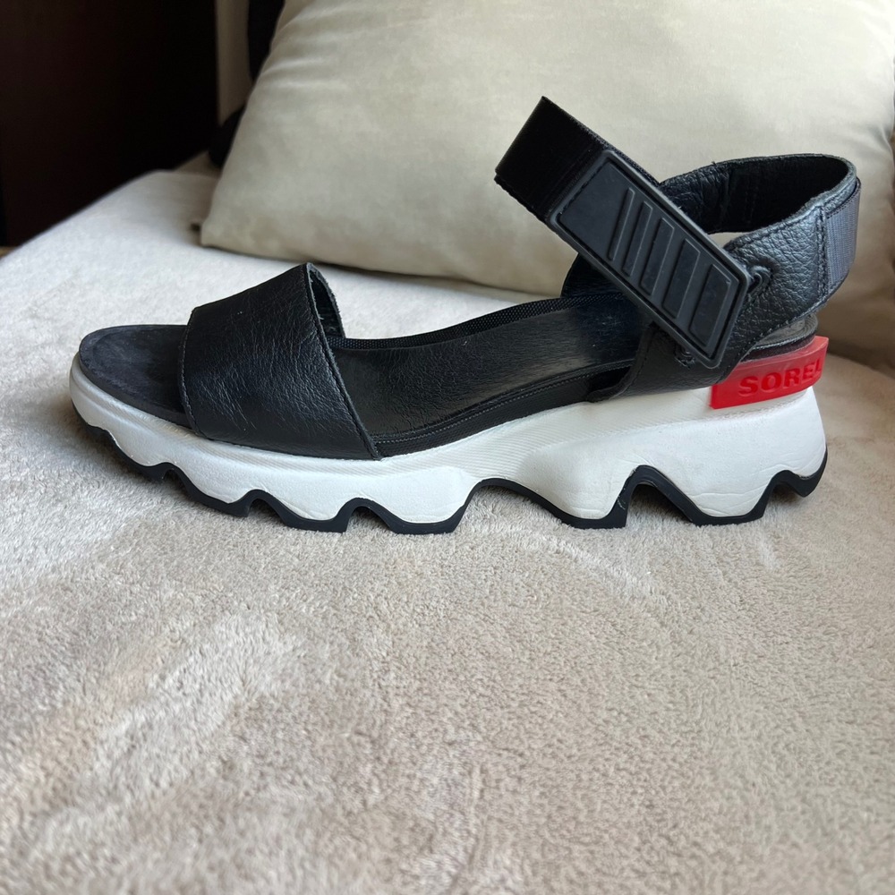 Sorel Black and White Platform Sport Sandals with Red Accent - Picture 2 of 15